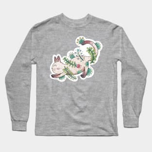 Cat Stretching Out with Floral Elements Long Sleeve T-Shirt